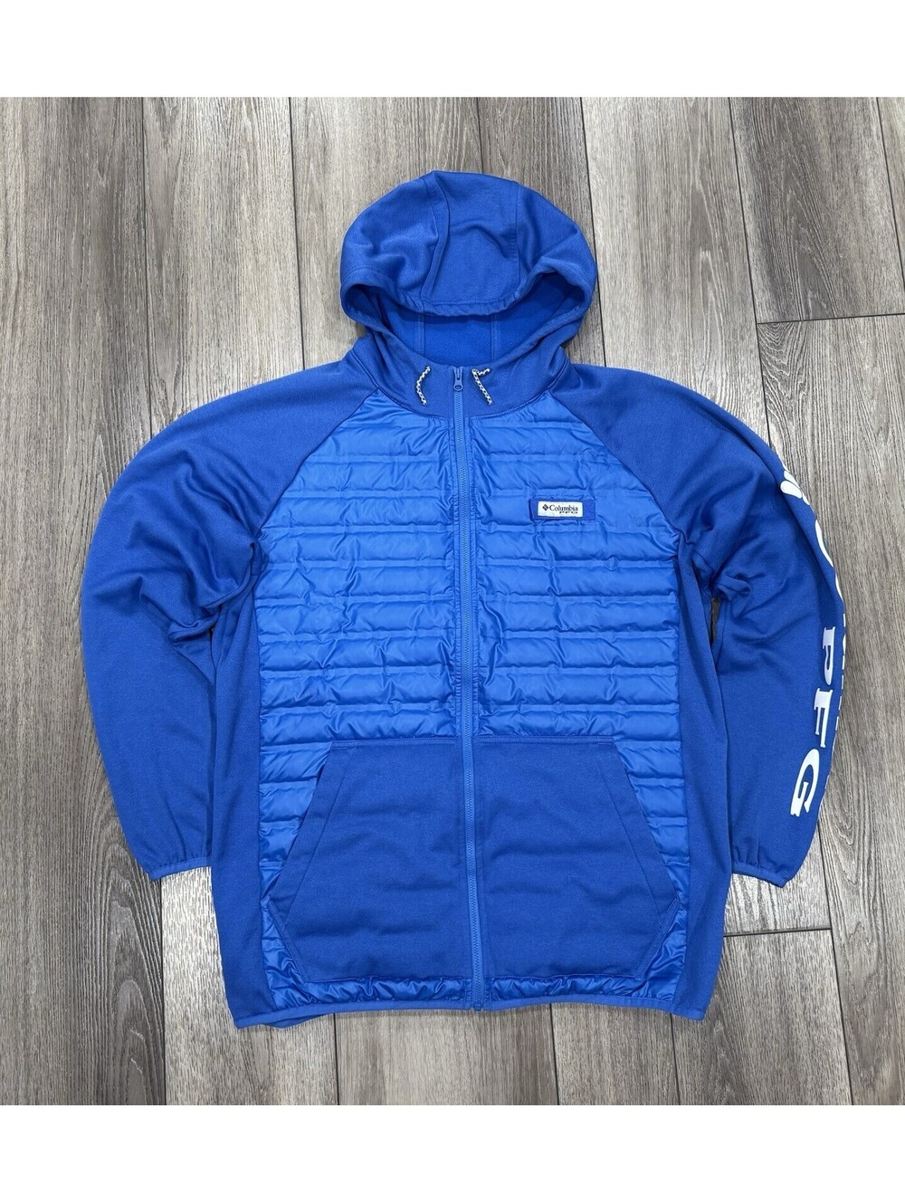 Columbia PFG Jacket Mens Medium Blue Hooded Full Zip Fleece Insulated Fishing